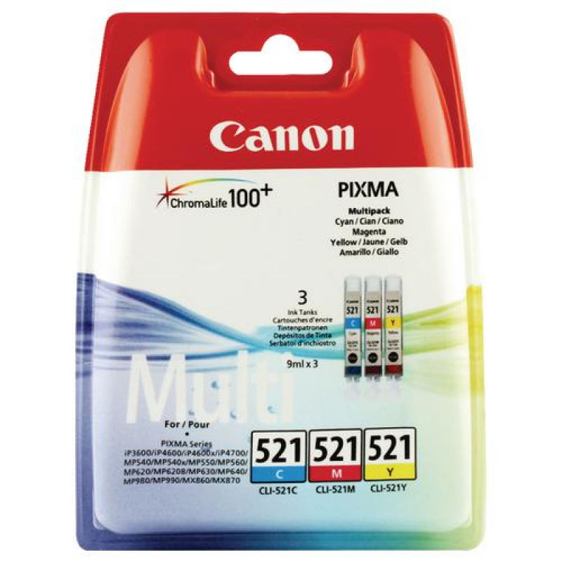 КОМПЛЕКТ 3 ГЛАВИ ЗА CANON PIXMA iP 3600/4600/MP 540/620/630/980 - Multi pack - 3 ink tanks - /521/ - CLI-521C/CLI-521M/CLI-521Y - P№ 2934B010 