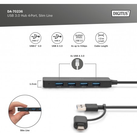 ХЪБ DIGITUS SLIM LINE USB 4 Port - PN DA-70236